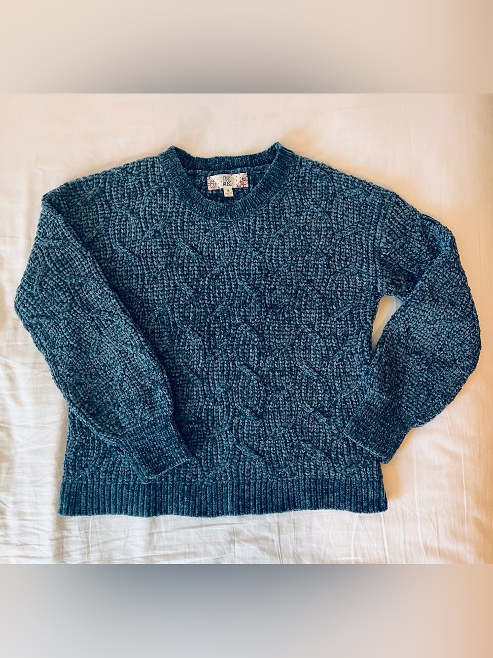 Pink Rose Teal Cable Knit Crewneck Sweater/Small